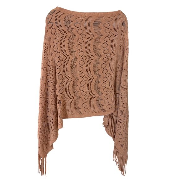 NWT macchia di Ruggine Blush Peach Knit Fringe Poncho One Size Prairie V neck - Picture 2 of 10